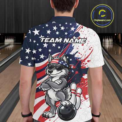 Splatter American Flag Custom Funny Patriotic Wolf Bowling Men Polo Shirt, Team Uniform IPHW12261
