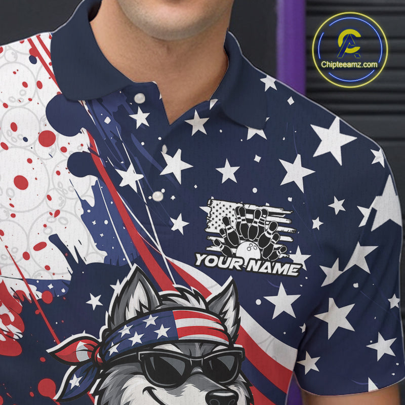 Splatter American Flag Custom Funny Patriotic Wolf Bowling Men Polo Shirt, Team Uniform IPHW12261