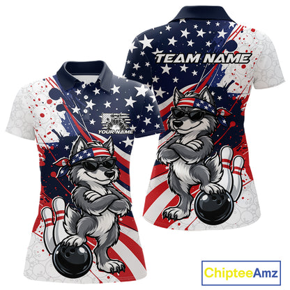 Splatter American Flag Custom Funny Patriotic Wolf Bowling Women Polo Shirt, Team Uniform IPHW12261