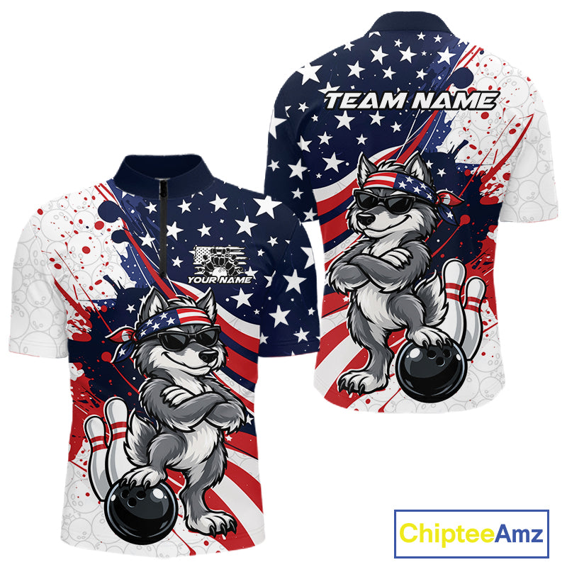 Splatter American Flag Custom Funny Patriotic Wolf Bowling Men Quarter Zip Shirt, Team Uniform IPHW12261