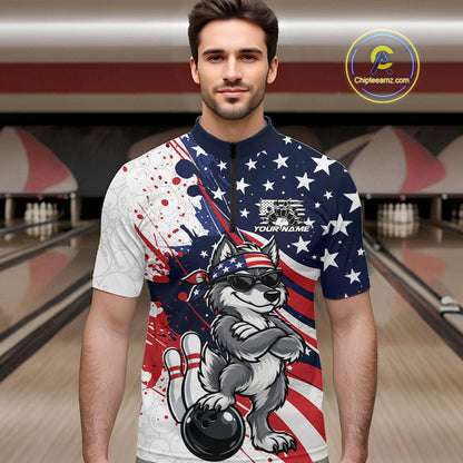 Splatter American Flag Custom Funny Patriotic Wolf Bowling Men Quarter Zip Shirt, Team Uniform IPHW12261