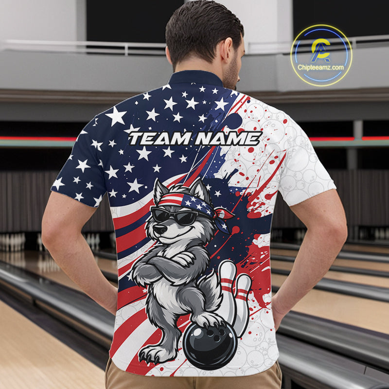 Splatter American Flag Custom Funny Patriotic Wolf Bowling Men Quarter Zip Shirt, Team Uniform IPHW12261