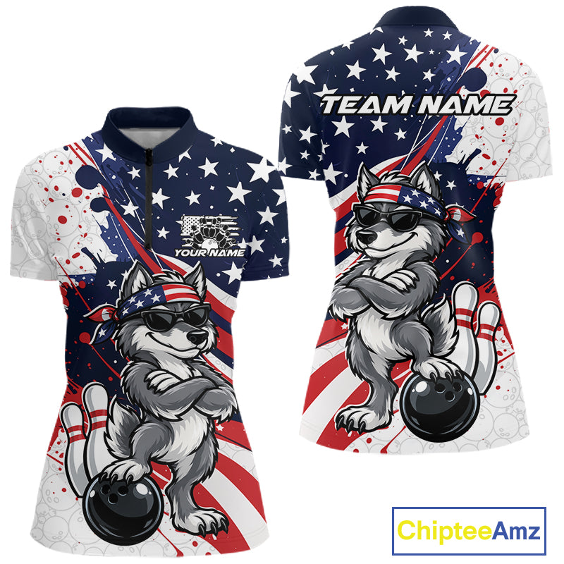 Splatter American Flag Custom Funny Patriotic Wolf Bowling Women Quarter-Zip Shirt  IPHW12261