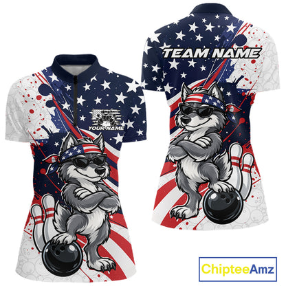 Splatter American Flag Custom Funny Patriotic Wolf Bowling Women Quarter-Zip Shirt  IPHW12261