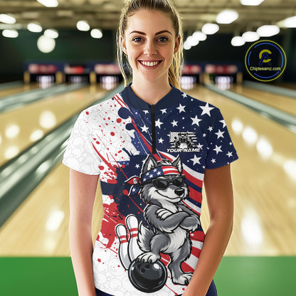 Splatter American Flag Custom Funny Patriotic Wolf Bowling Women Quarter-Zip Shirt  IPHW12261