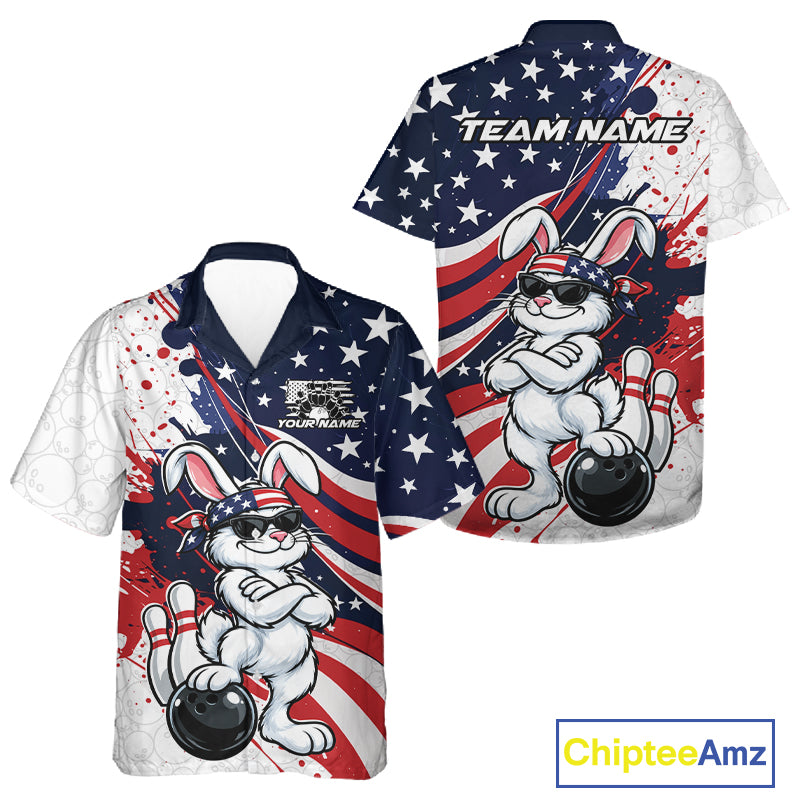 Splatter American Flag Custom Funny Patriotic Rabbit Bowling Men And Women Button Up Shirt, Team Uniform IPHW12262