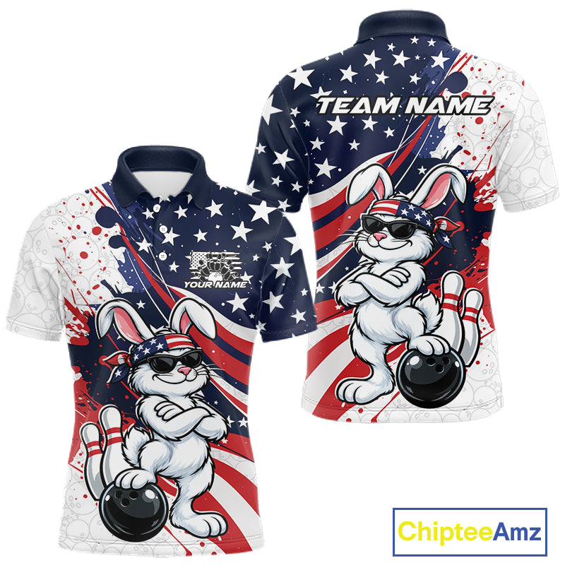 Splatter American Flag Custom Funny Patriotic Rabbit Bowling Men Polo Shirt, Team Uniform IPHW12262