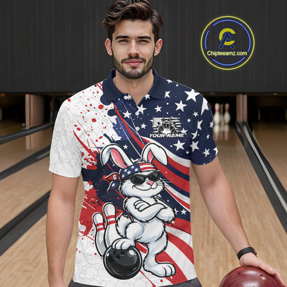 Splatter American Flag Custom Funny Patriotic Rabbit Bowling Men Polo Shirt, Team Uniform IPHW12262
