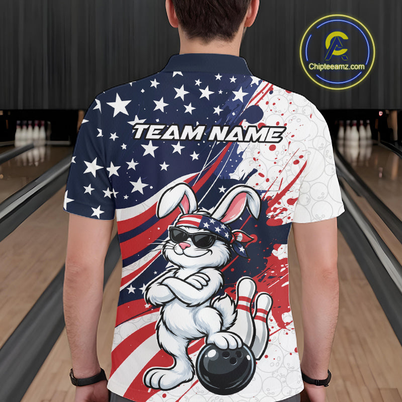 Splatter American Flag Custom Funny Patriotic Rabbit Bowling Men Polo Shirt, Team Uniform IPHW12262