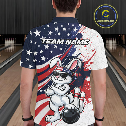 Splatter American Flag Custom Funny Patriotic Rabbit Bowling Men Polo Shirt, Team Uniform IPHW12262