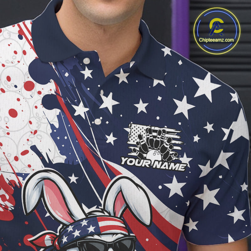 Splatter American Flag Custom Funny Patriotic Rabbit Bowling Men Polo Shirt, Team Uniform IPHW12262
