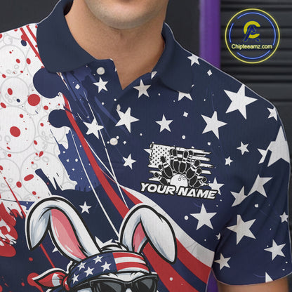 Splatter American Flag Custom Funny Patriotic Rabbit Bowling Men Polo Shirt, Team Uniform IPHW12262