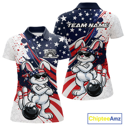 Splatter American Flag Custom Funny Patriotic Rabbit Bowling Women Polo Shirt, Team Uniform IPHW12262
