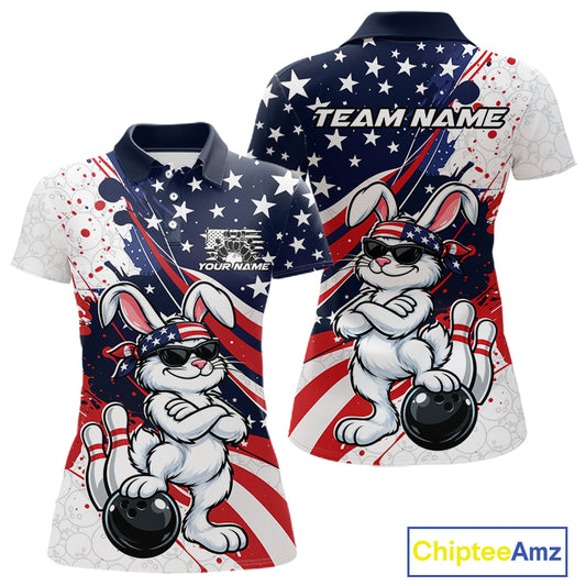 Splatter American Flag Custom Funny Patriotic Rabbit Bowling Women Polo Shirt, Team Uniform IPHW12262