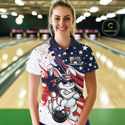 Splatter American Flag Custom Funny Patriotic Rabbit Bowling Women Polo Shirt, Team Uniform IPHW12262