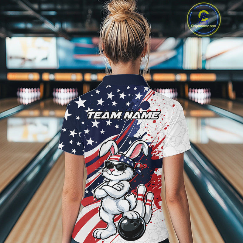 Splatter American Flag Custom Funny Patriotic Rabbit Bowling Women Polo Shirt, Team Uniform IPHW12262