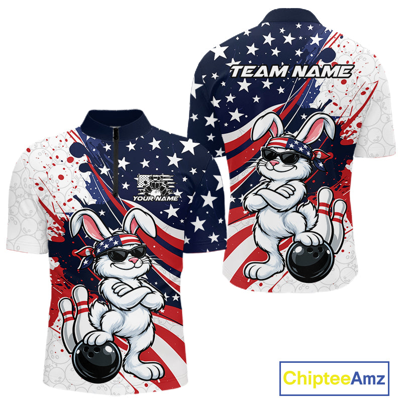Splatter American Flag Custom Funny Patriotic Rabbit Bowling Men Quarter Zip Shirt, Team Uniform IPHW12262