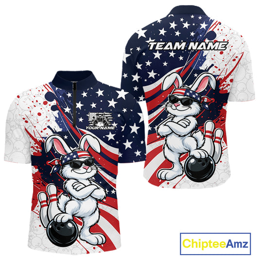 Splatter American Flag Custom Funny Patriotic Rabbit Bowling Men Quarter Zip Shirt, Team Uniform IPHW12262