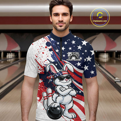 Splatter American Flag Custom Funny Patriotic Rabbit Bowling Men Quarter Zip Shirt, Team Uniform IPHW12262