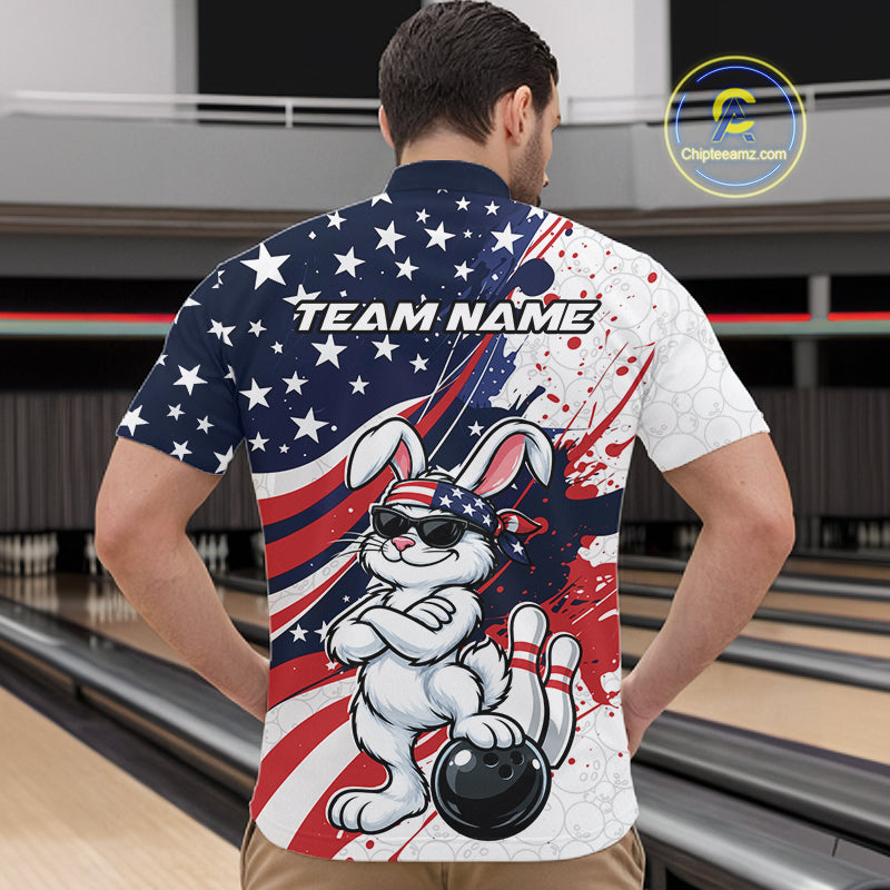 Splatter American Flag Custom Funny Patriotic Rabbit Bowling Men Quarter Zip Shirt, Team Uniform IPHW12262