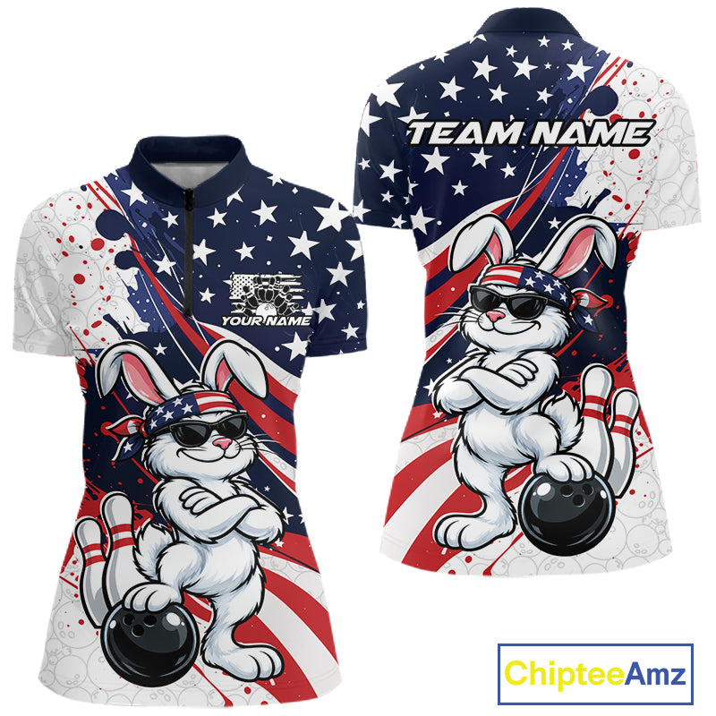 Splatter American Flag Custom Funny Patriotic Rabbit Bowling Women Quarter-Zip Shirt  IPHW12262