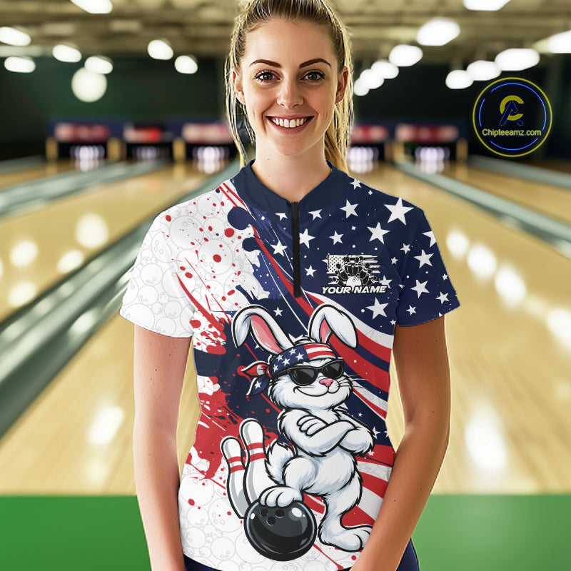 Splatter American Flag Custom Funny Patriotic Rabbit Bowling Women Quarter-Zip Shirt  IPHW12262