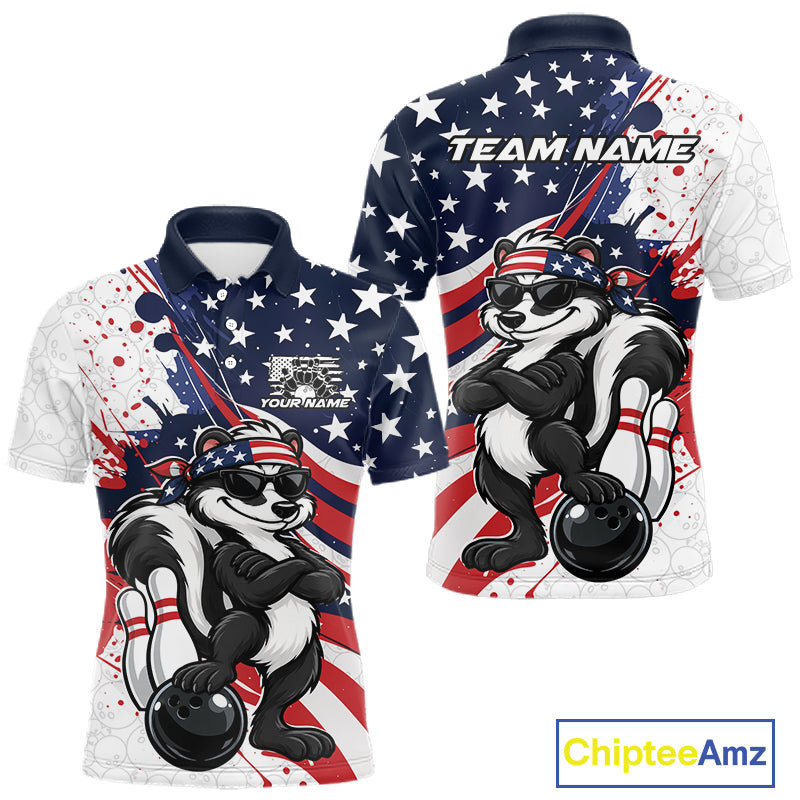 Splatter American Flag Custom Funny Patriotic Skunk Bowling Men Polo Shirt, Team Uniform IPHW12263