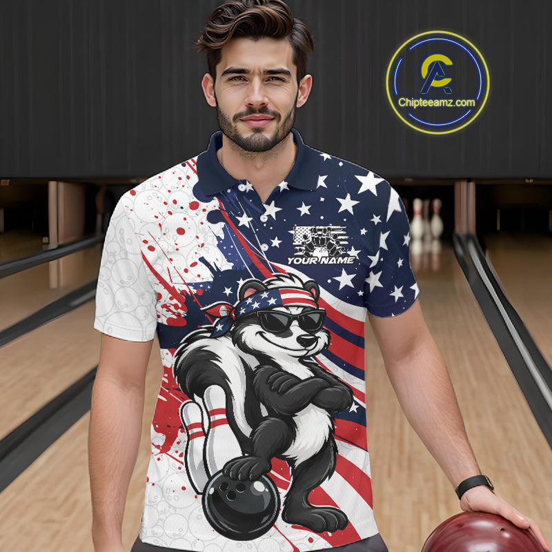 Splatter American Flag Custom Funny Patriotic Skunk Bowling Men Polo Shirt, Team Uniform IPHW12263