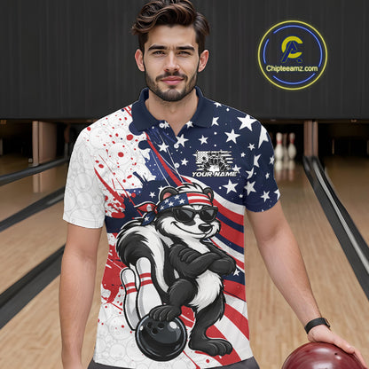 Splatter American Flag Custom Funny Patriotic Skunk Bowling Men Polo Shirt, Team Uniform IPHW12263