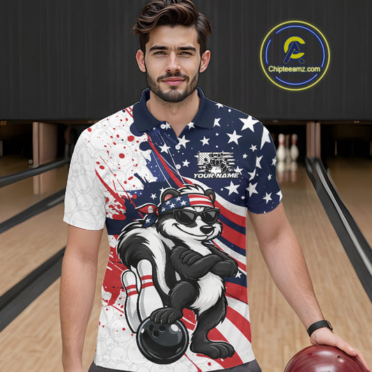 Splatter American Flag Custom Funny Patriotic Skunk Bowling Men Polo Shirt, Team Uniform IPHW12263
