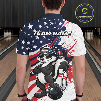 Splatter American Flag Custom Funny Patriotic Skunk Bowling Men Polo Shirt, Team Uniform IPHW12263