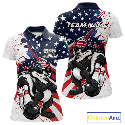 Splatter American Flag Custom Funny Patriotic Skunk Bowling Women Polo Shirt, Team Uniform IPHW12263