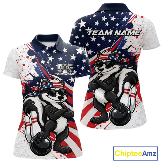 Splatter American Flag Custom Funny Patriotic Skunk Bowling Women Polo Shirt, Team Uniform IPHW12263