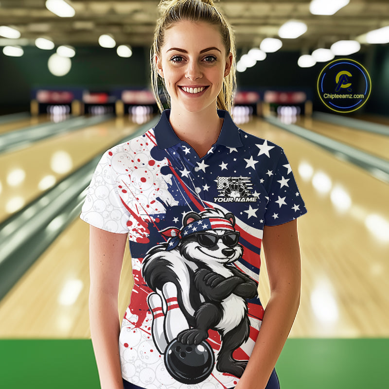 Splatter American Flag Custom Funny Patriotic Skunk Bowling Women Polo Shirt, Team Uniform IPHW12263