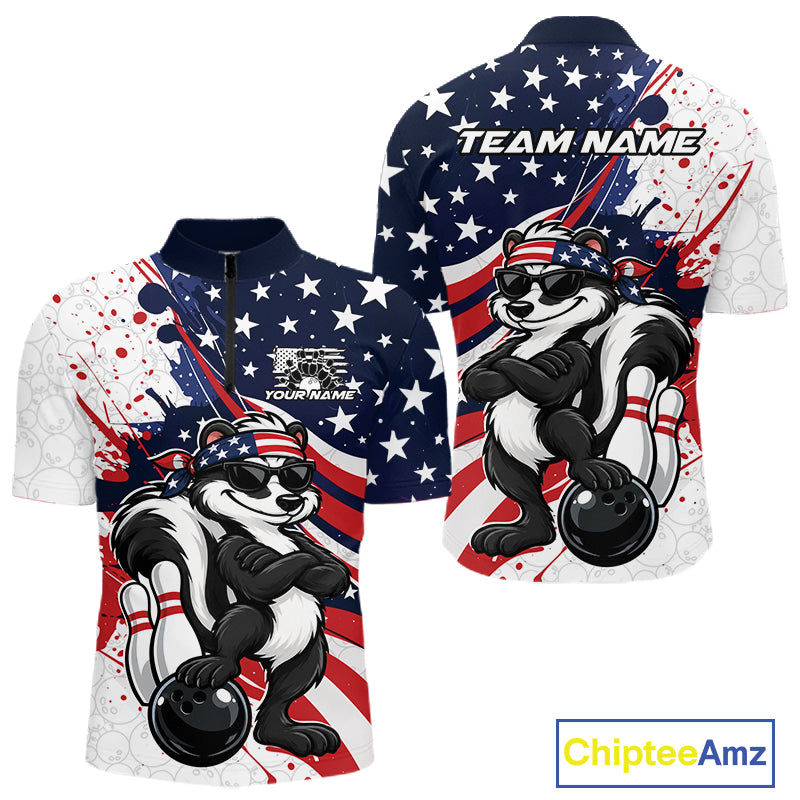 Splatter American Flag Custom Funny Patriotic Skunk Bowling Men Quarter Zip Shirt, Team Uniform IPHW12263