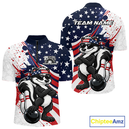 Splatter American Flag Custom Funny Patriotic Skunk Bowling Men Quarter Zip Shirt, Team Uniform IPHW12263