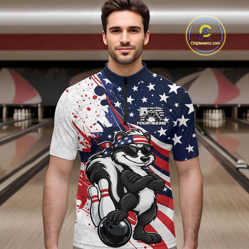 Splatter American Flag Custom Funny Patriotic Skunk Bowling Men Quarter Zip Shirt, Team Uniform IPHW12263