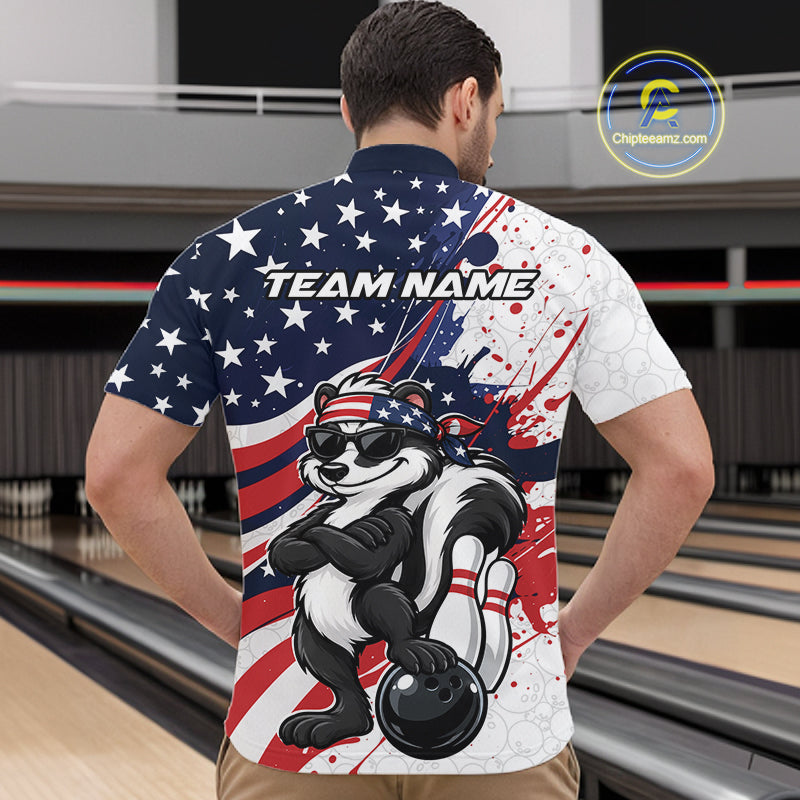 Splatter American Flag Custom Funny Patriotic Skunk Bowling Men Quarter Zip Shirt, Team Uniform IPHW12263