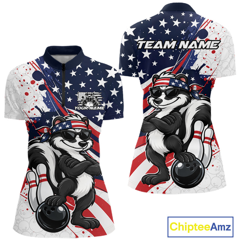 Splatter American Flag Custom Funny Patriotic Skunk Bowling Women Quarter-Zip Shirt  IPHW12263