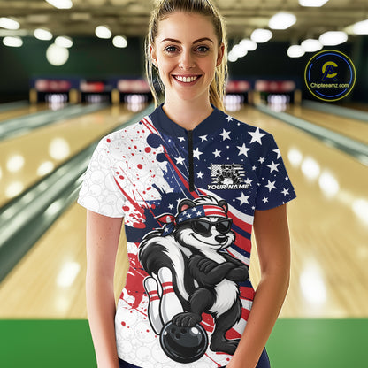 Splatter American Flag Custom Funny Patriotic Skunk Bowling Women Quarter-Zip Shirt  IPHW12263
