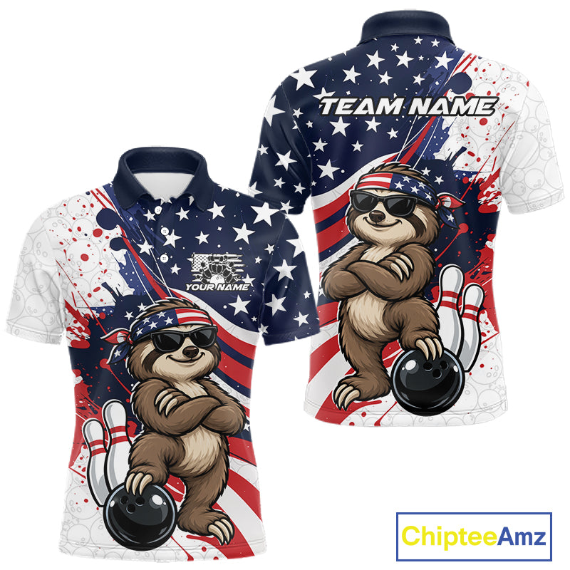 Splatter American Flag Custom Funny Patriotic Sloth Bowling Men Polo Shirt, Team Uniform IPHW12264