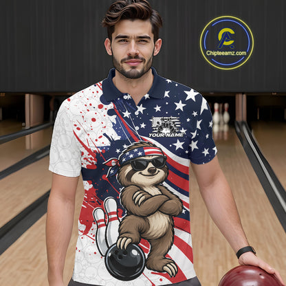 Splatter American Flag Custom Funny Patriotic Sloth Bowling Men Polo Shirt, Team Uniform IPHW12264