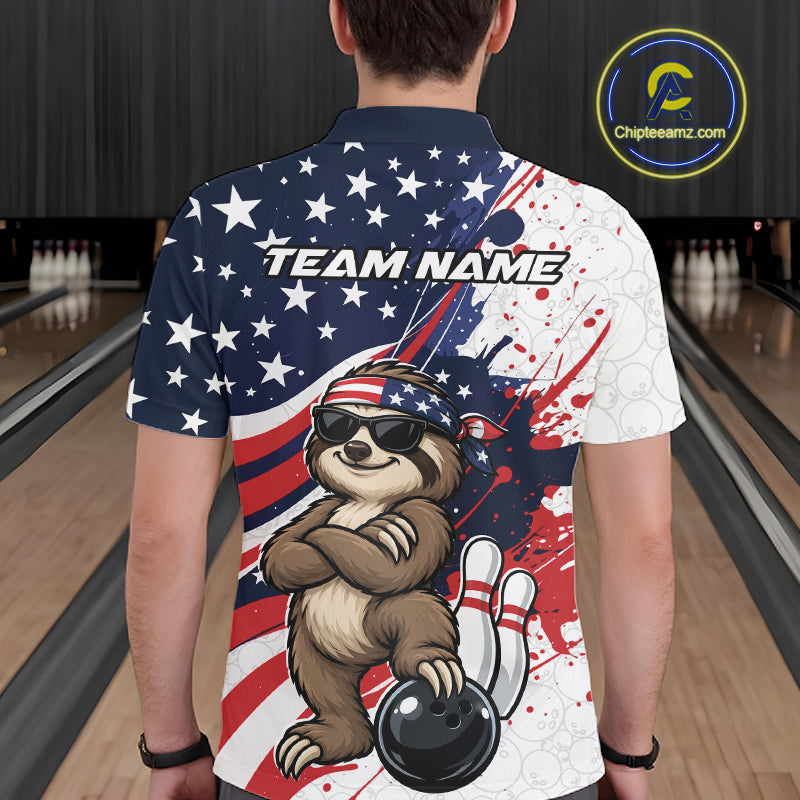 Splatter American Flag Custom Funny Patriotic Sloth Bowling Men Polo Shirt, Team Uniform IPHW12264