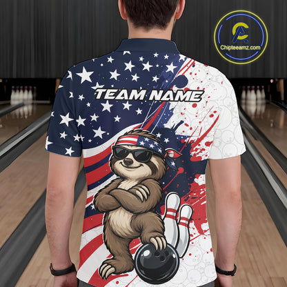 Splatter American Flag Custom Funny Patriotic Sloth Bowling Men Polo Shirt, Team Uniform IPHW12264