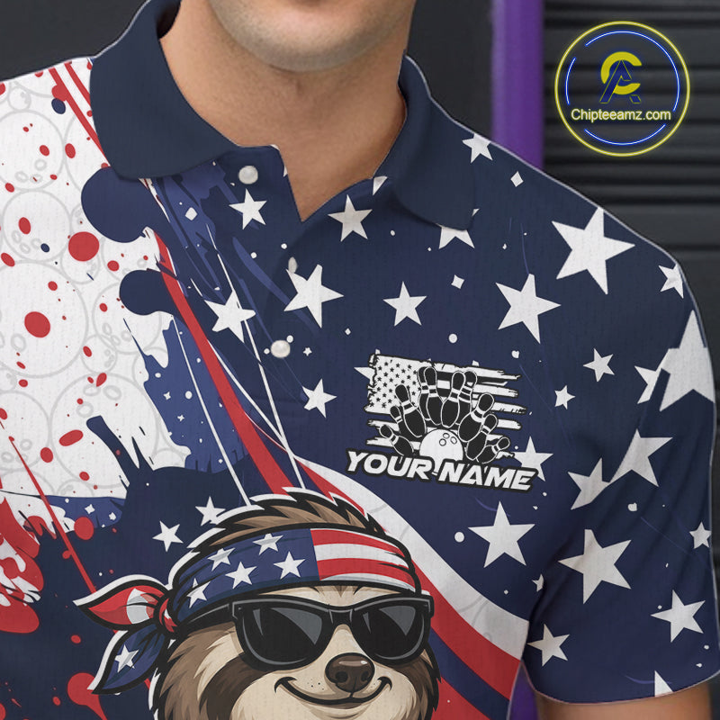 Splatter American Flag Custom Funny Patriotic Sloth Bowling Men Polo Shirt, Team Uniform IPHW12264