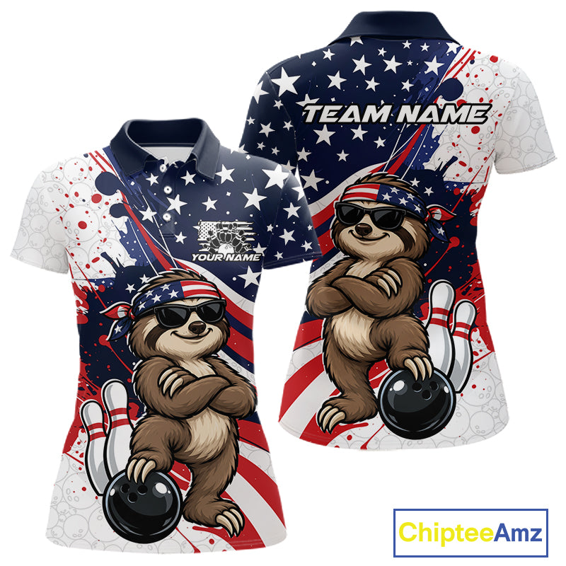 Splatter American Flag Custom Funny Patriotic Sloth Bowling Women Polo Shirt, Team Uniform IPHW12264