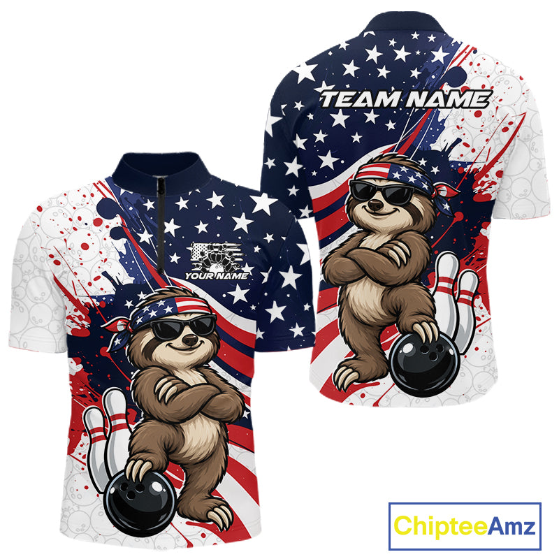 Splatter American Flag Custom Funny Patriotic Sloth Bowling Men Quarter Zip Shirt, Team Uniform IPHW12264