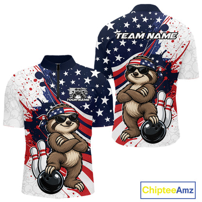 Splatter American Flag Custom Funny Patriotic Sloth Bowling Men Quarter Zip Shirt, Team Uniform IPHW12264