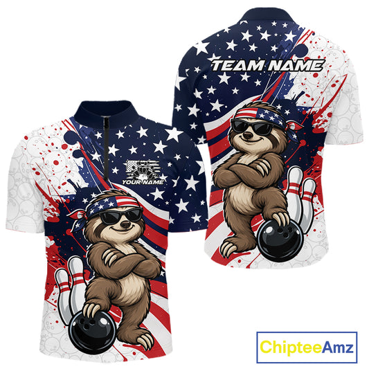 Splatter American Flag Custom Funny Patriotic Sloth Bowling Men Quarter Zip Shirt, Team Uniform IPHW12264