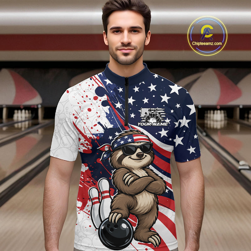 Splatter American Flag Custom Funny Patriotic Sloth Bowling Men Quarter Zip Shirt, Team Uniform IPHW12264